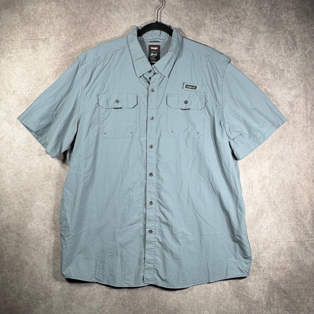 Wrangler Fishing Shirt Mens Size 2XL Blue Button Down Outdoor Short Sleeves Work
